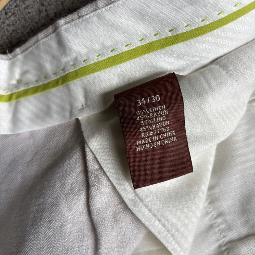 Cubavera Linen Pants Mens 34x28 Pleated Herringbone Beige Relaxed Wide Leg